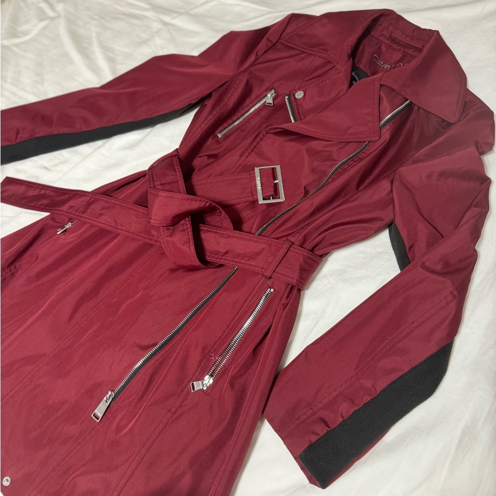 Calvin Klein Cherry Red Trench Coat with Belted Waist - Picture 7 of 10